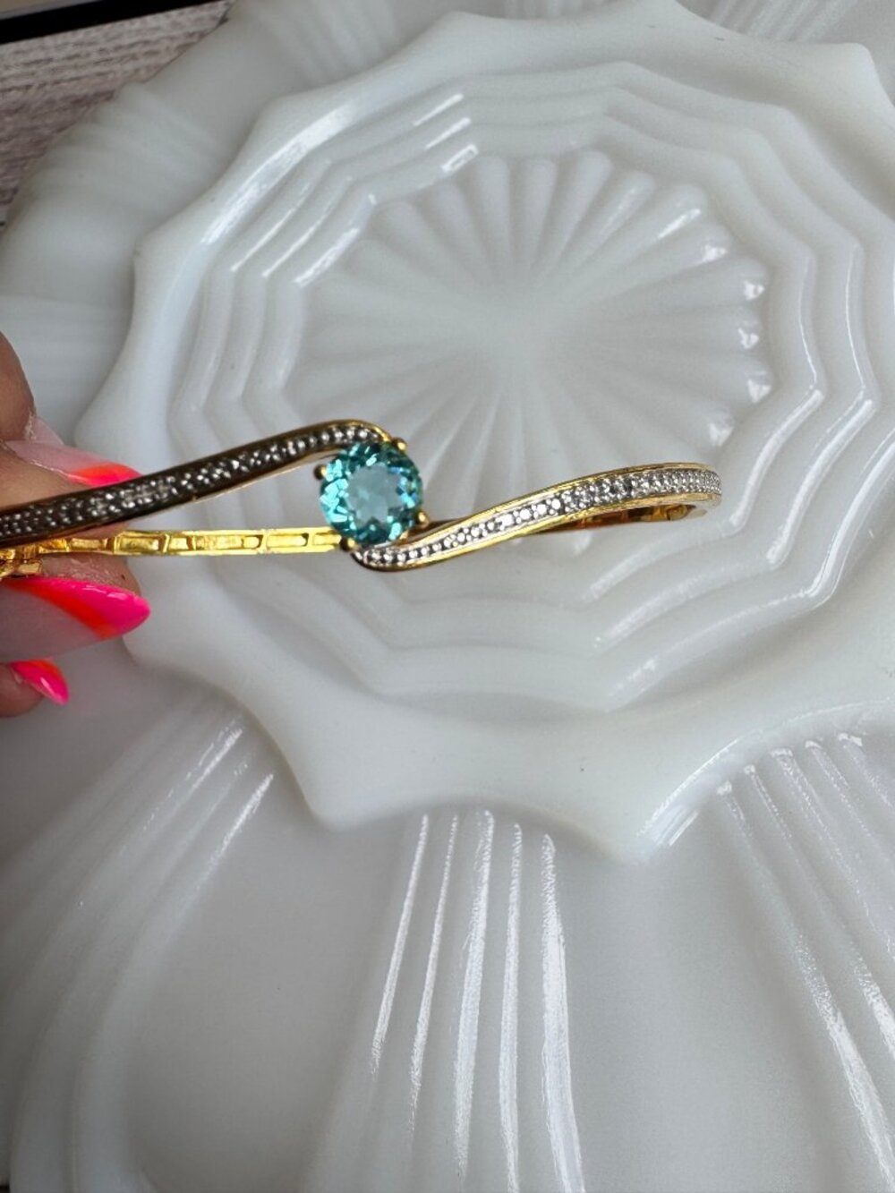 Vintage Blue Topaz Diamond Hinged Bangle Bracelet Signed BR-KRN Gold Tone